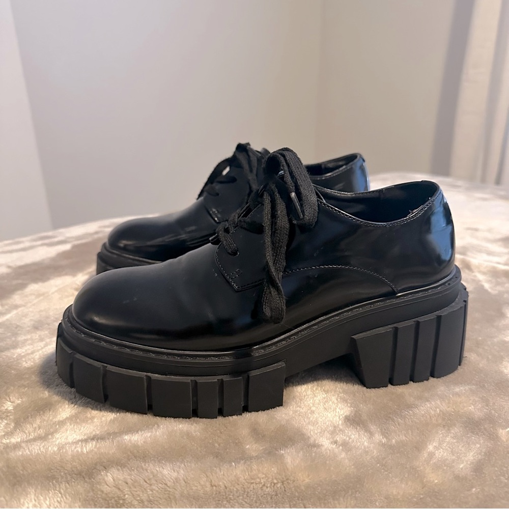 black patent platform chunky loafers